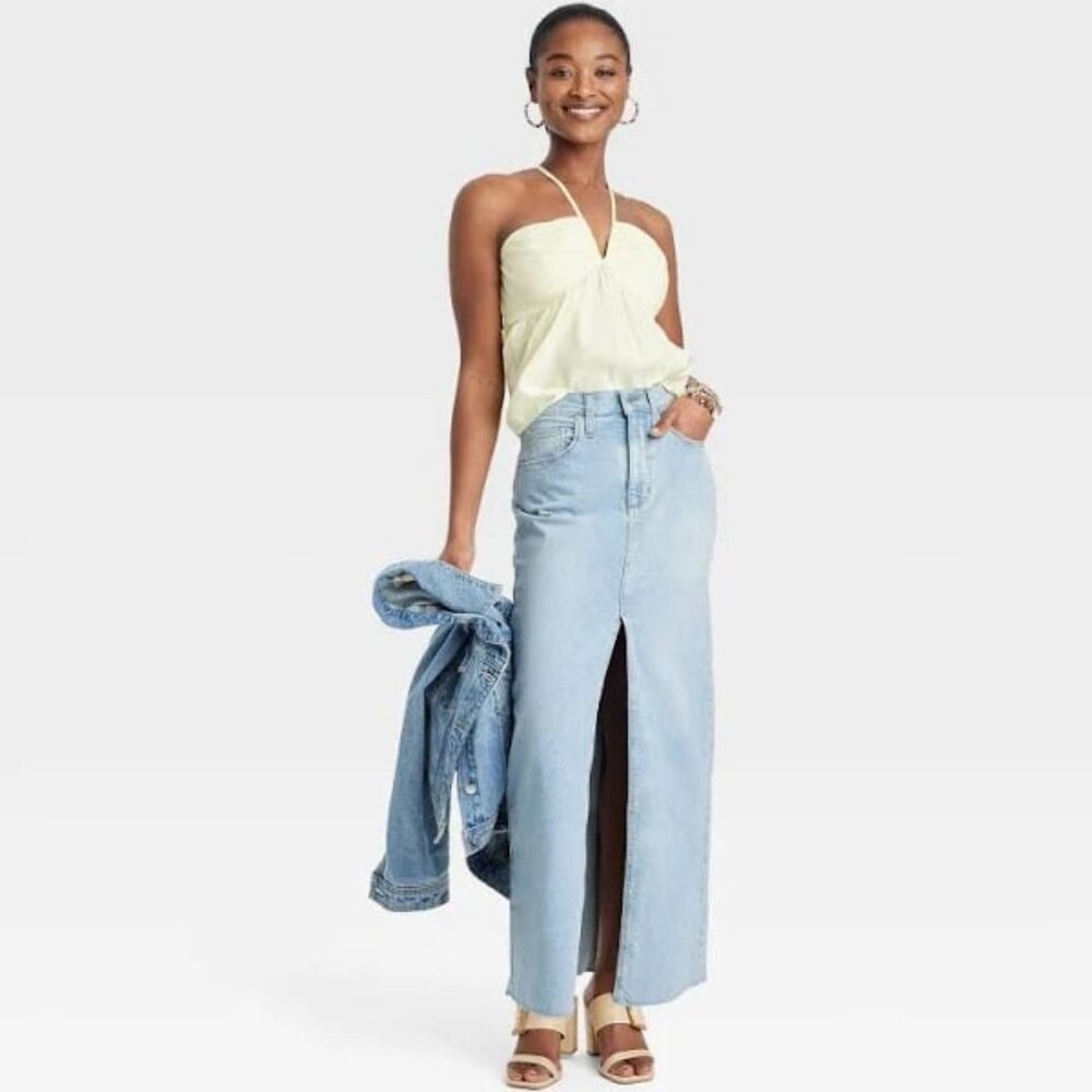 UNIVERSAL THREAD Maxi Jean Skirt Slit Front Faded Blue Denim 8